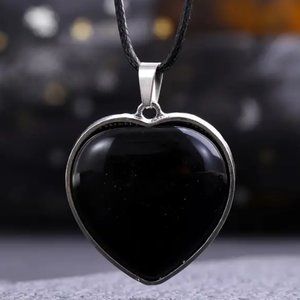 Black Obsidian Natural Gemstone Love Heart Pendant Necklace Gemstone Pendant